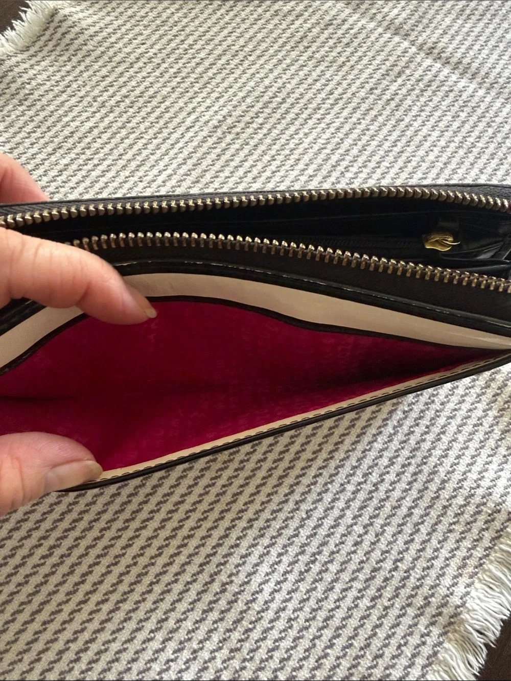 kate spade Black and White Striped Patent Zip Wallet